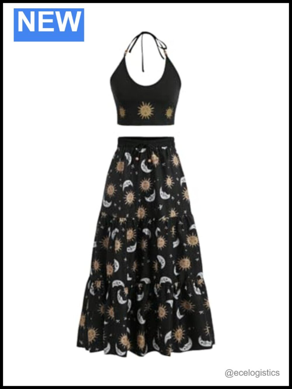 Boho Sun Graphic Halter Crop Top & Ruffle Maxi Skirt 2 Piece Set